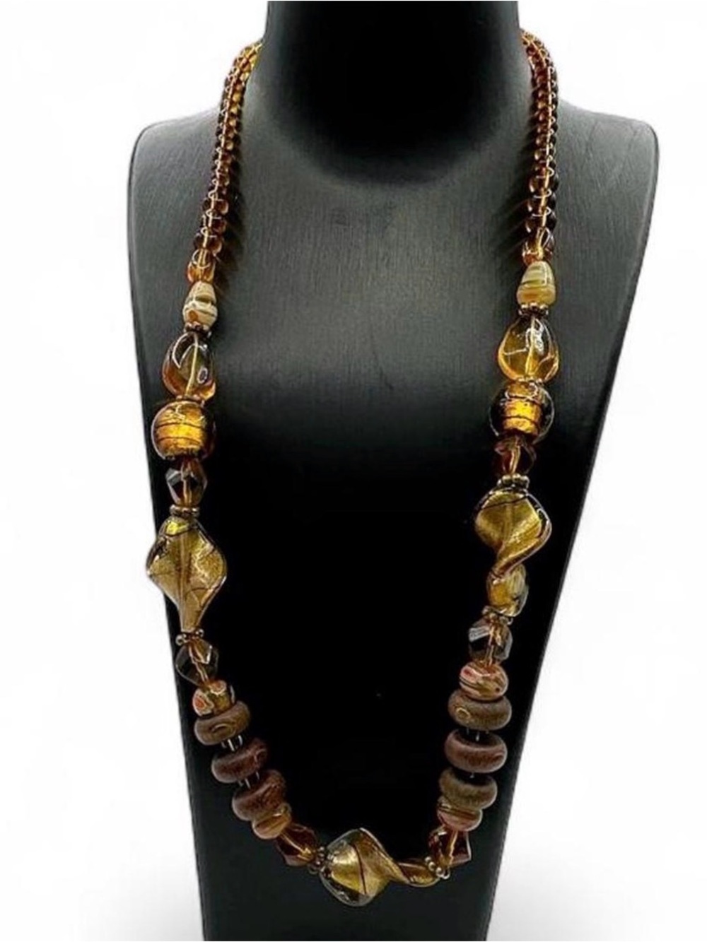 Artisan Amber Glass Gold Foil Millefiori Wood Beaded Statement Necklace